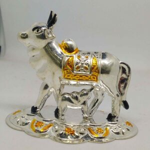 Silver colourful  Gau Mata With bachhda  murti  For Pooja home temple