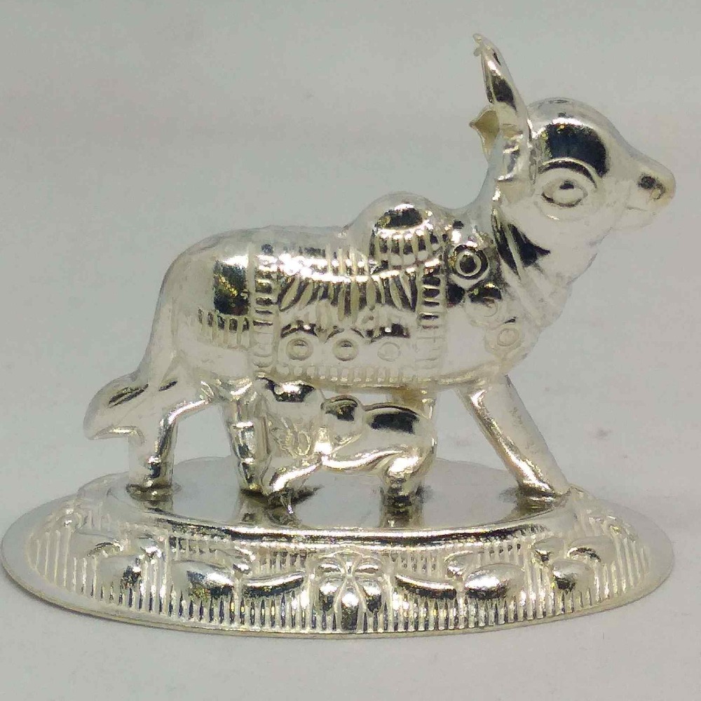 Silver Gau Mata With bachhda  murti  For Pooja home temple