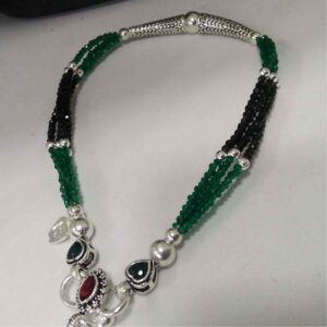 Silver oxidised green & black moti designer fancy anklets