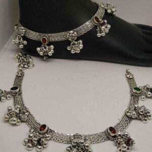 Silver oxidised traditional color stone designer payal for ladies