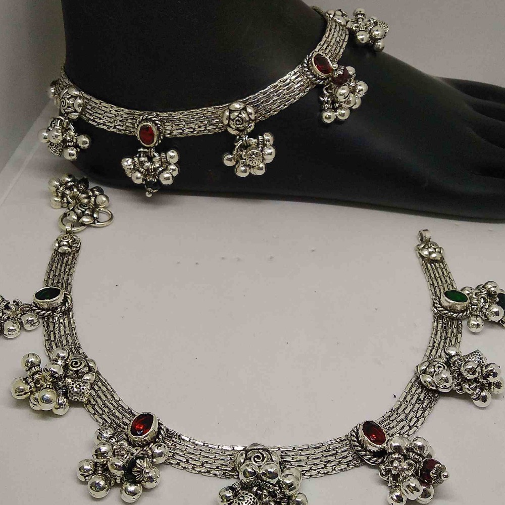 Silver oxidised traditional color stone designer payal for ladies