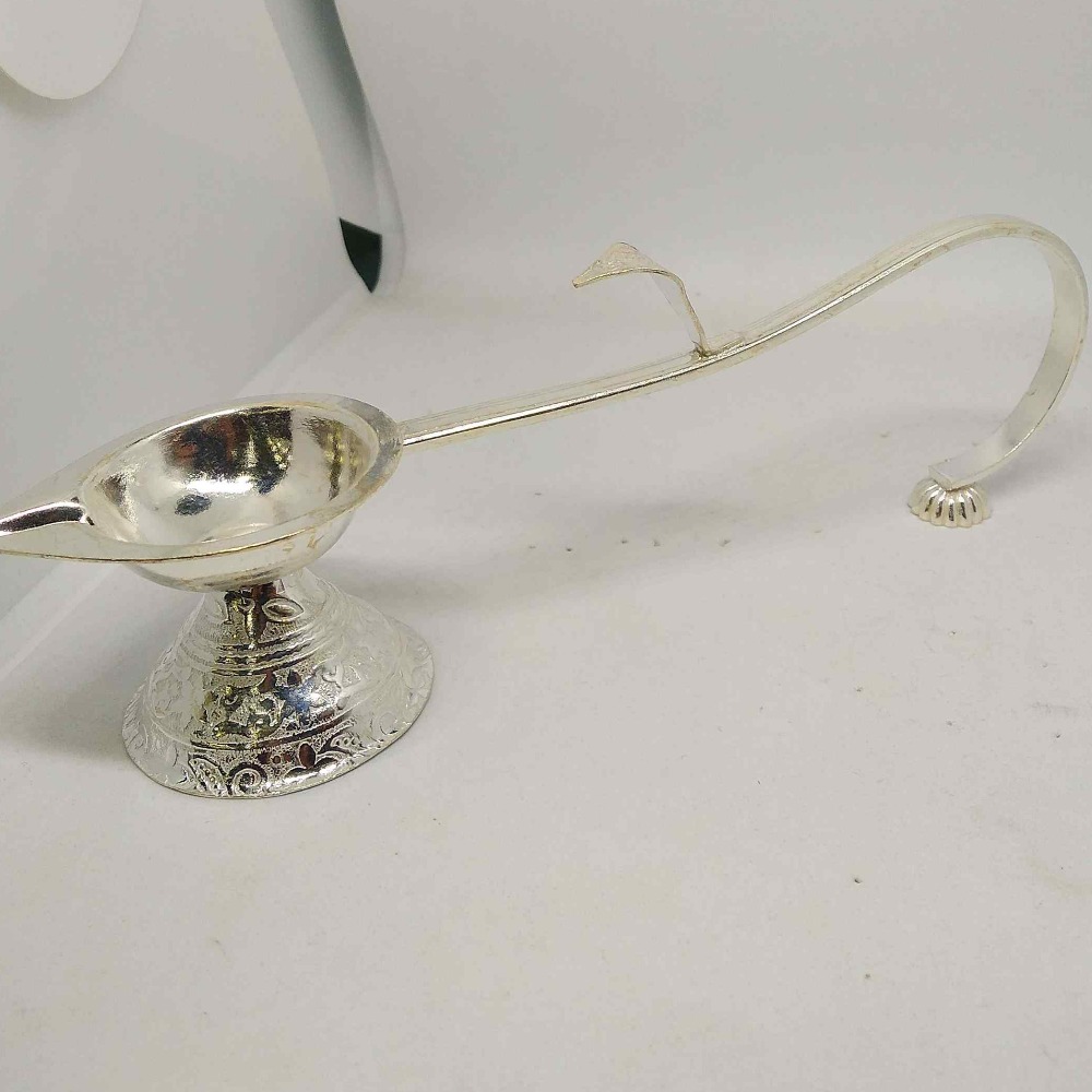 silver single Aarti diya with long handle  For Navratri Pooja