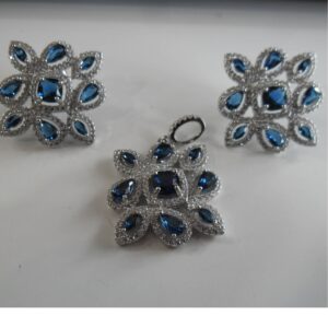 925 Silver  blue stone  & white C Z Diamond Pendant Butti For Girls