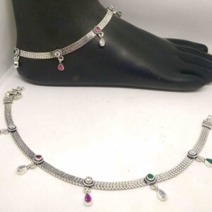 925  silver oxidised color stone designer payal  for girls