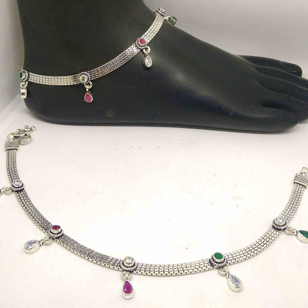 925  silver oxidised color stone designer payal  for girls