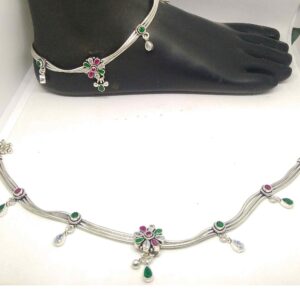 925 Silver Oxidised Antique Color Stone Payal For Ladies