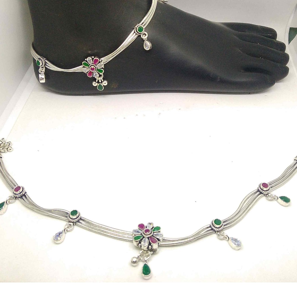 925 Silver Oxidised Antique Color Stone Payal For Ladies