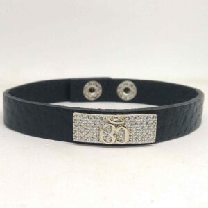 925 sterling Silver  diamond & black  Leather  Gents om Bracelet