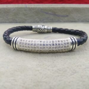 Silver Black Leather CZ Bracelet For Men