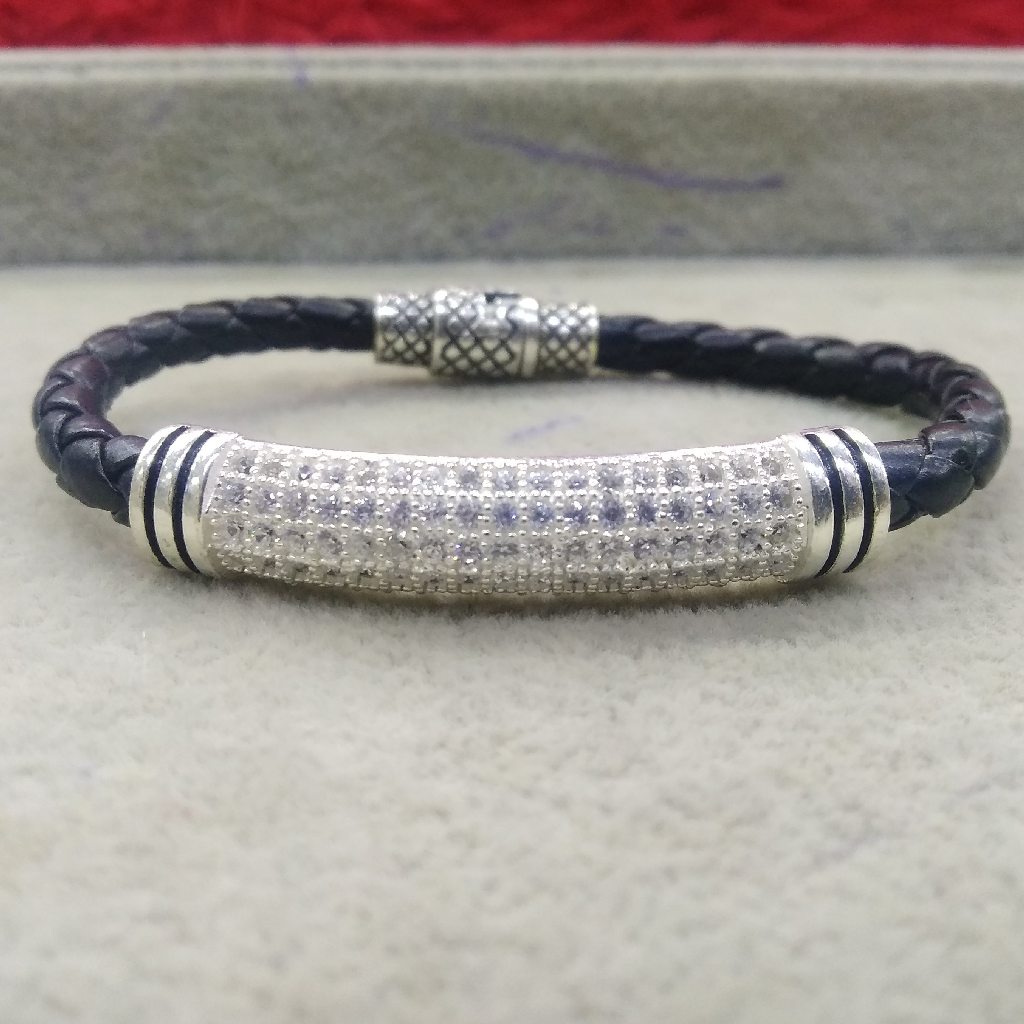 Silver Black Leather CZ Bracelet For Men