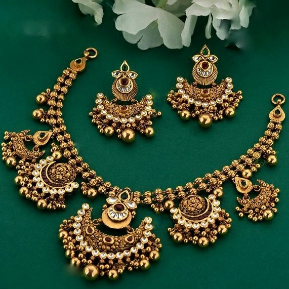 22KT/ 916 Gold antique bridle Jadtar Half Necklace set for ladies