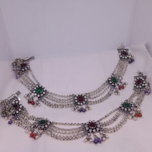 Silver Traditional Red and green stone payal