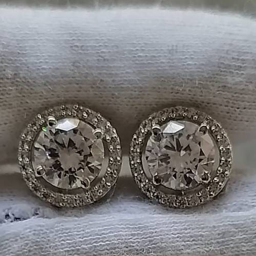 925 silver round solitaire halo screw back earrings