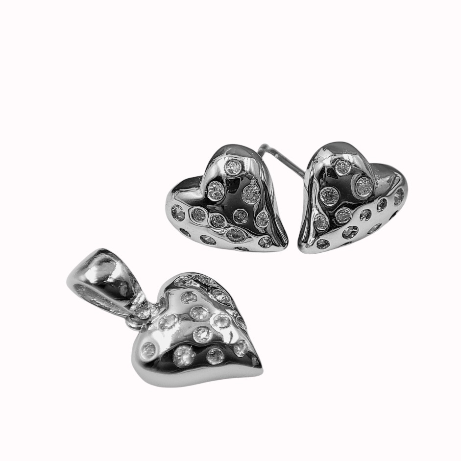 925 Silver Heart Pendant With Earrings And Zircon Stone