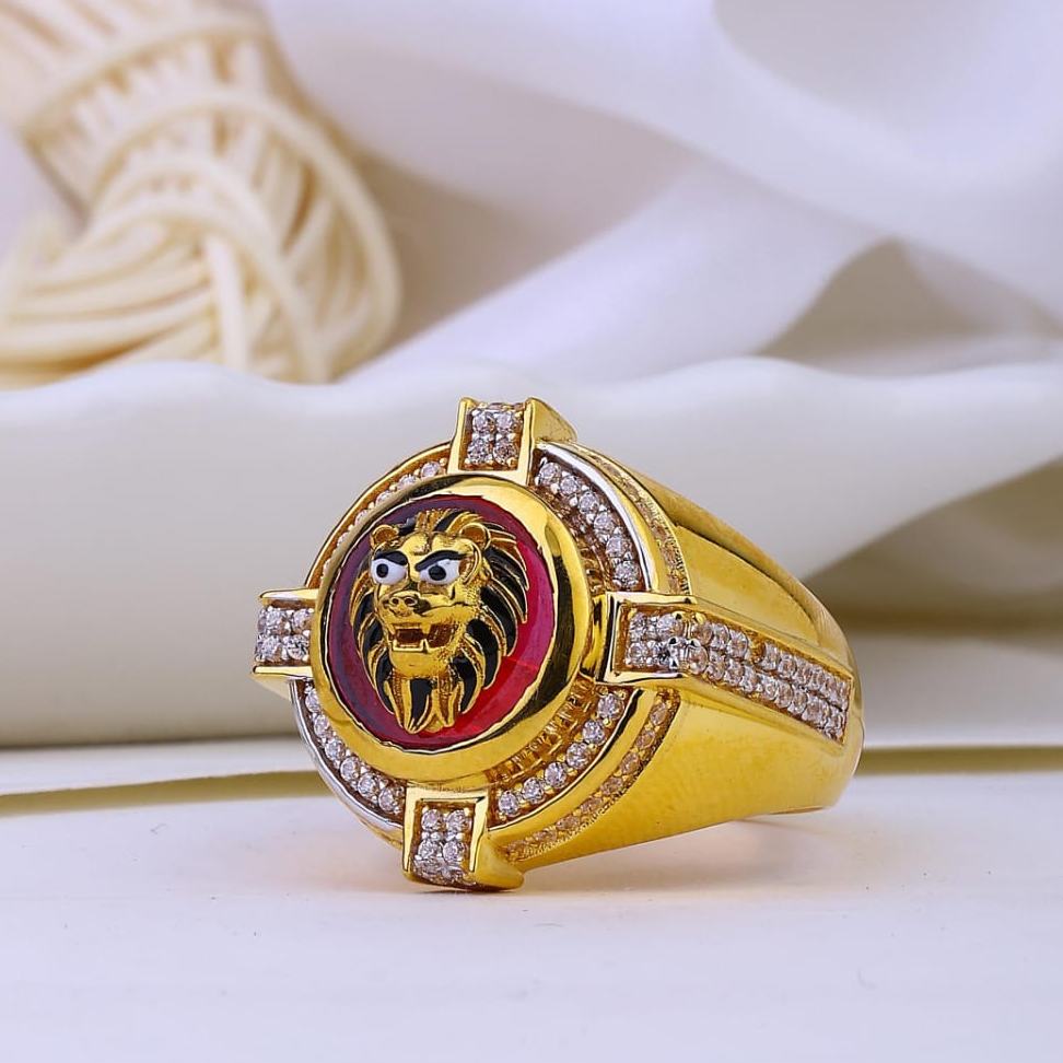 916 Gold Red Colour Stone And Cz Stone Gents Ring
