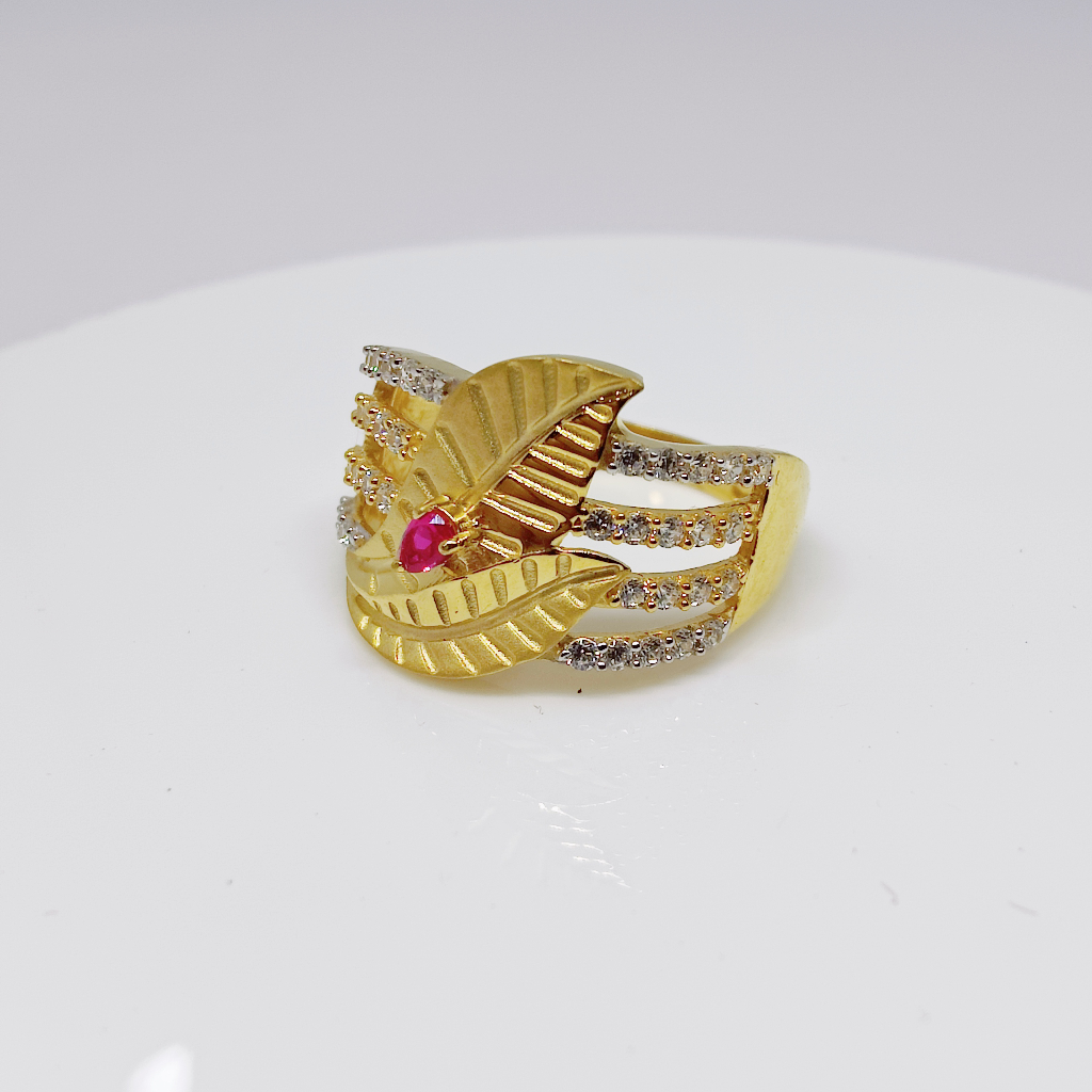 22k Gold Exclusive Red Stone Leaf Design Ring