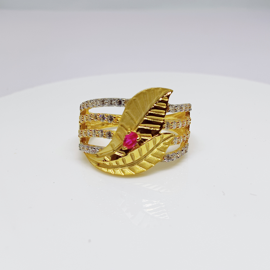 22k Gold Exclusive Red Stone Leaf Design Ring