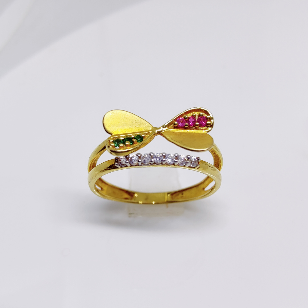 916 gold double heart shape green and red colour diamond ladies ring