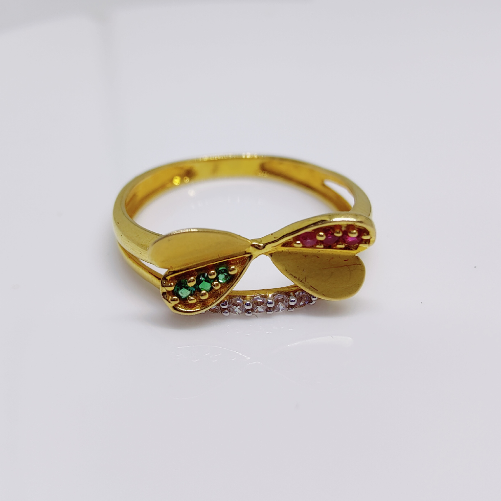 916 gold double heart shape green and red colour diamond ladies ring
