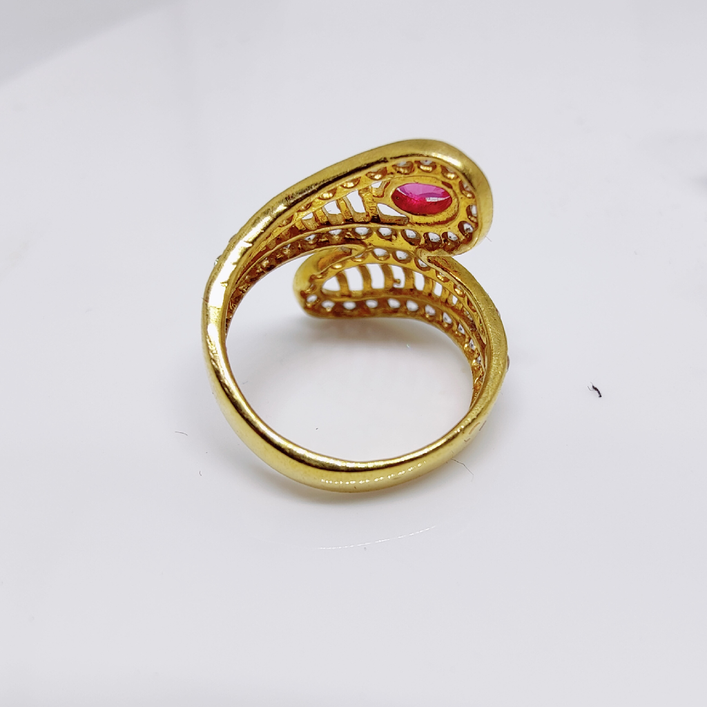 22k gold Asymmetry red color stone long ladies ring