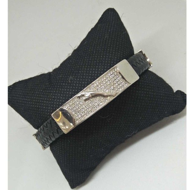 925 Sterling Silver DESIGNER JAGUAR LATHER BRACELET