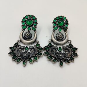 925 Silver Antique Green Stone Studded Earrings