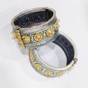 925 Silver Antique Oxidise And Gold Plated Kada With  Firoza S