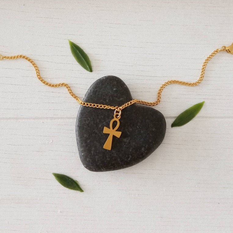 22 kt yellow gold egyptian cross women's bracelet bangle chain