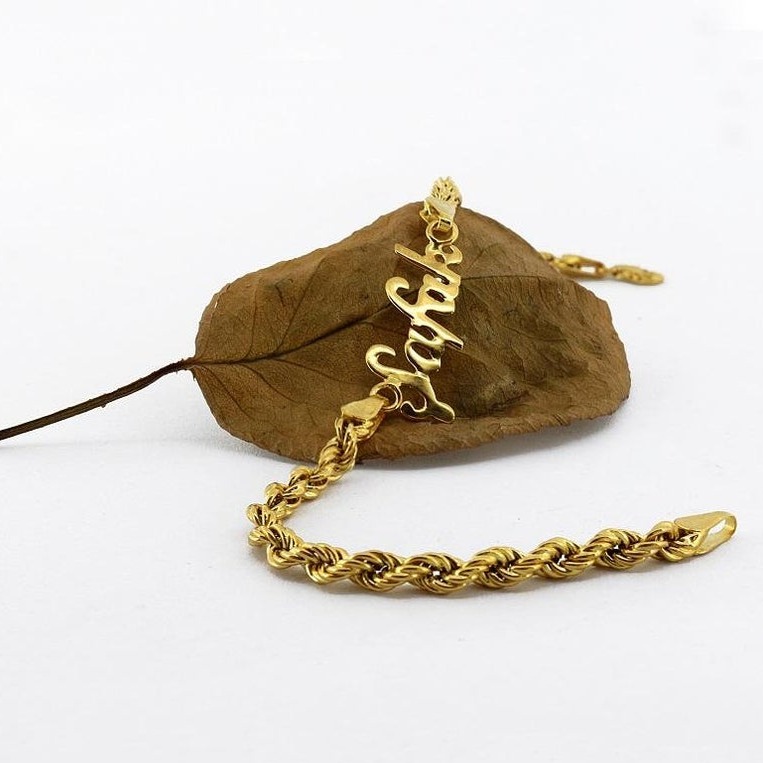22 kt yellow gold custom name rope chain bracelet bangle chain