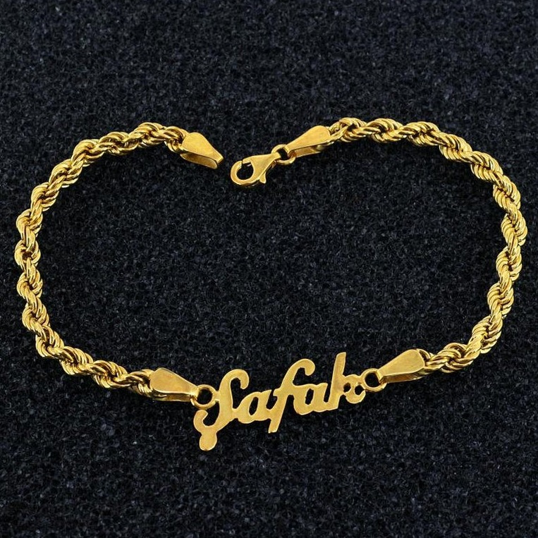 22 kt yellow gold custom name rope chain bracelet bangle chain