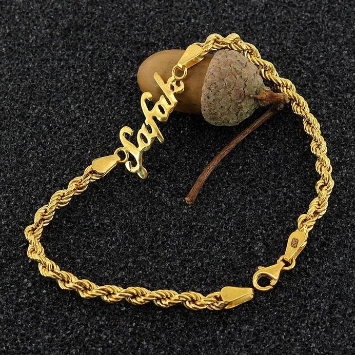 22 kt yellow gold custom name rope chain bracelet bangle chain