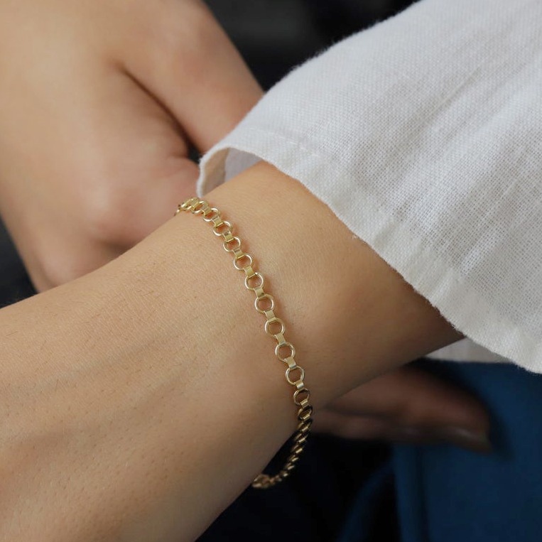 22 kt yellow gold rolo link mesh chain round bracelet bangle 4 mm