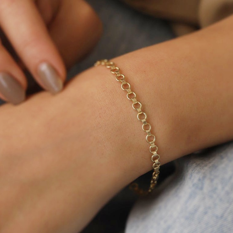 22 kt yellow gold rolo link mesh chain round bracelet bangle 4 mm