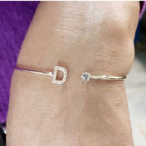 18 kt white gold initial letter open cuff cz women's bracelet bangle