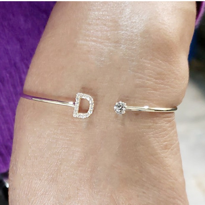 18 kt white gold initial letter open cuff cz women's bracelet bangle