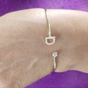 18 kt white gold initial letter open cuff cz women's bracelet bangle