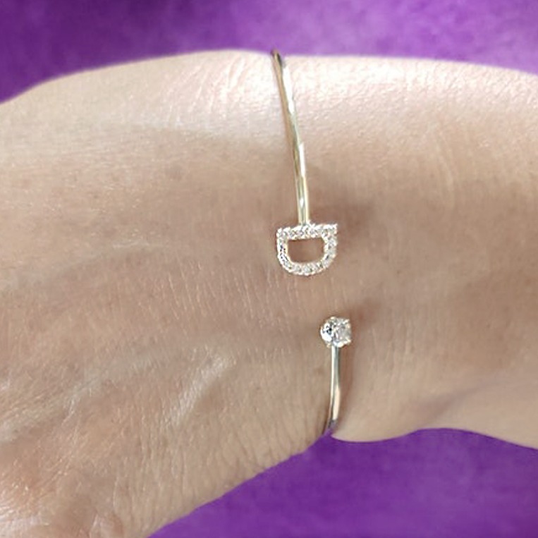 18 kt white gold initial letter open cuff cz women's bracelet bangle