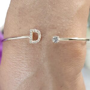 18 kt white gold initial letter open cuff cz women's bracelet bangle