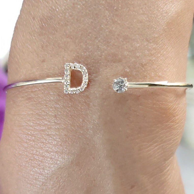 18 kt white gold initial letter open cuff cz women's bracelet bangle