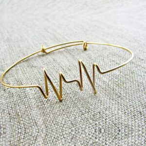 18 kt solid yellow gold adjustable heartbeat bangle bracelet