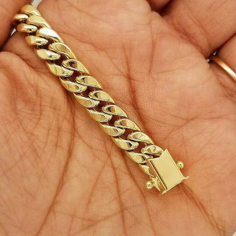 18 kt real solid yellow gold cuban link chain men's bracelet