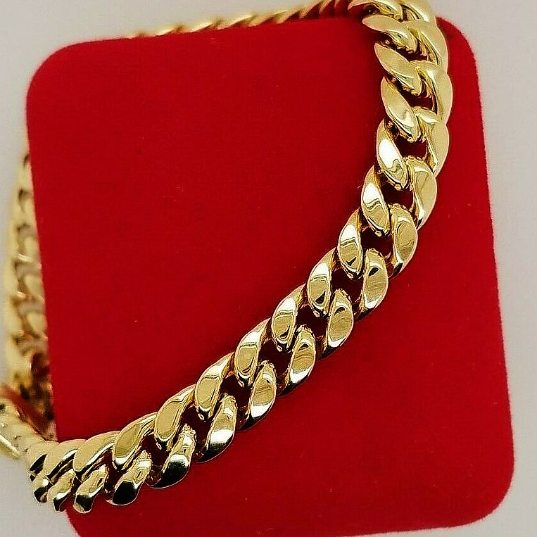 18 kt real solid yellow gold cuban link chain men's bracelet