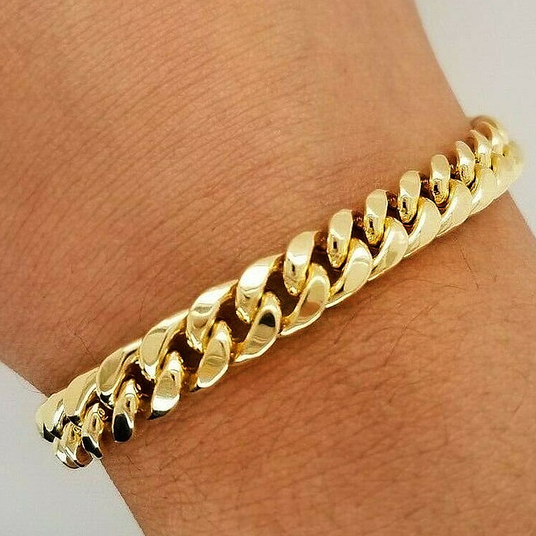 18 kt real solid yellow gold cuban link chain men's bracelet