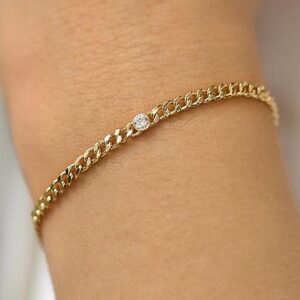 18 kt real solid yellow gold cz cuban link chain men's bracelet