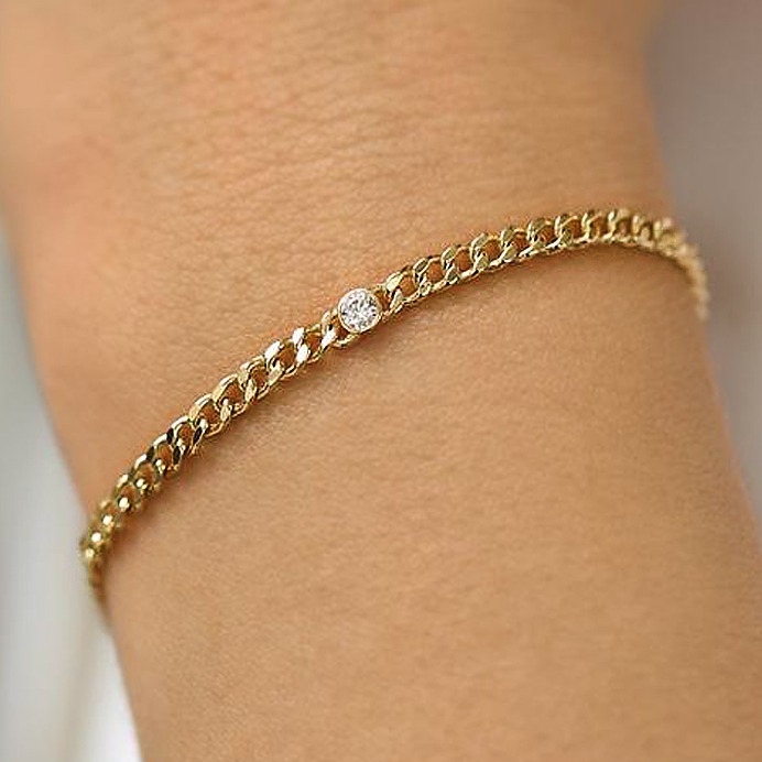 18 kt real solid yellow gold cz cuban link chain men's bracelet