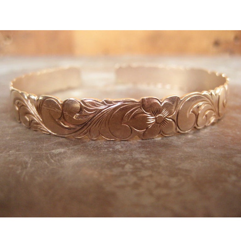 14 kt real solid rose gold hawaiian floral cuff bangle bracelet - Image 5