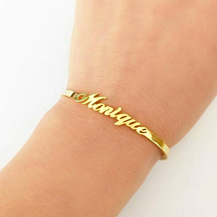 22 kt yellow gold custom personalized name cuff bangle bracelet