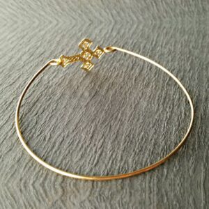 18 kt real solid yellow gold sideways long cross bangle bracelet