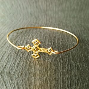 18 kt real solid yellow gold sideways long cross bangle bracelet