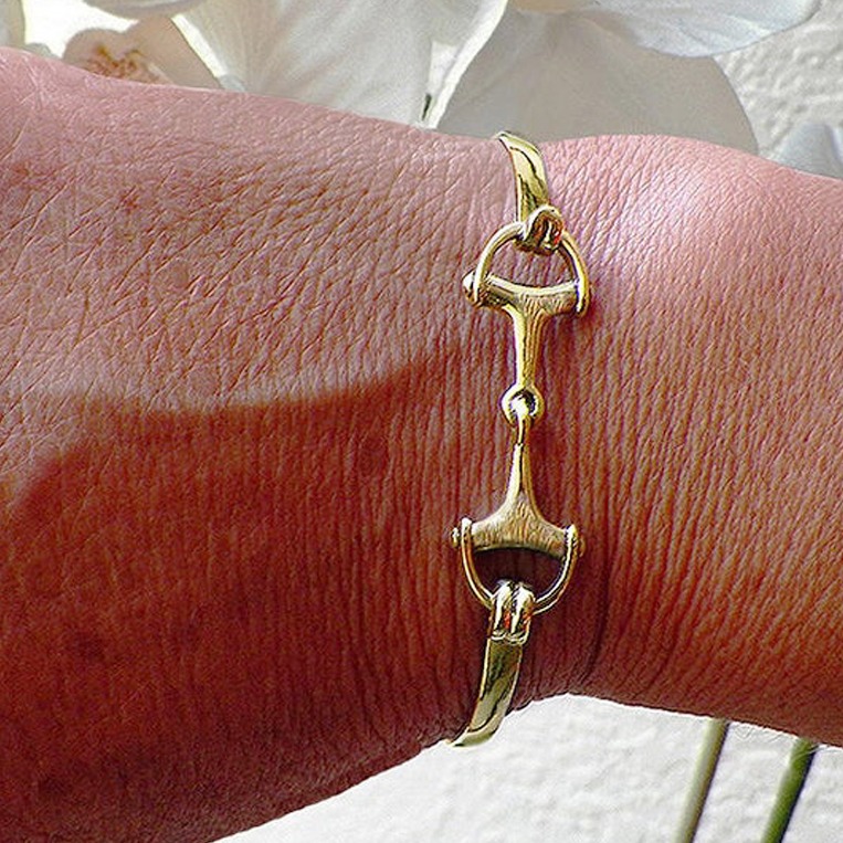 18 kt real solid yellow gold horse snaffle bit men's bangle bracelet